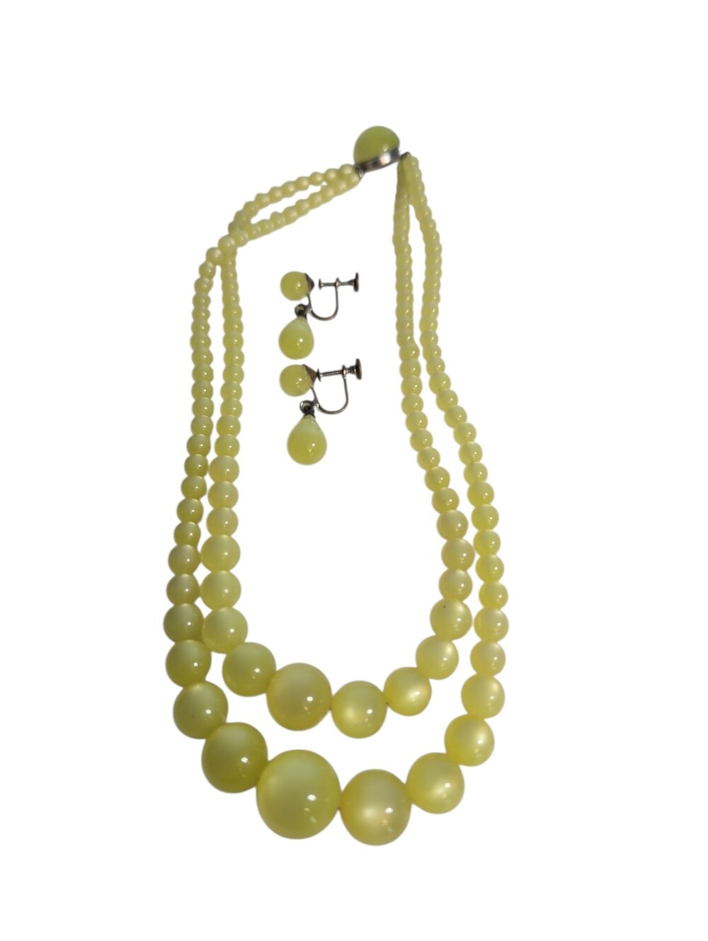 Vtg Lucite? Yellow Irredescent Double Strand Beaded Choker Screwback Earring Set